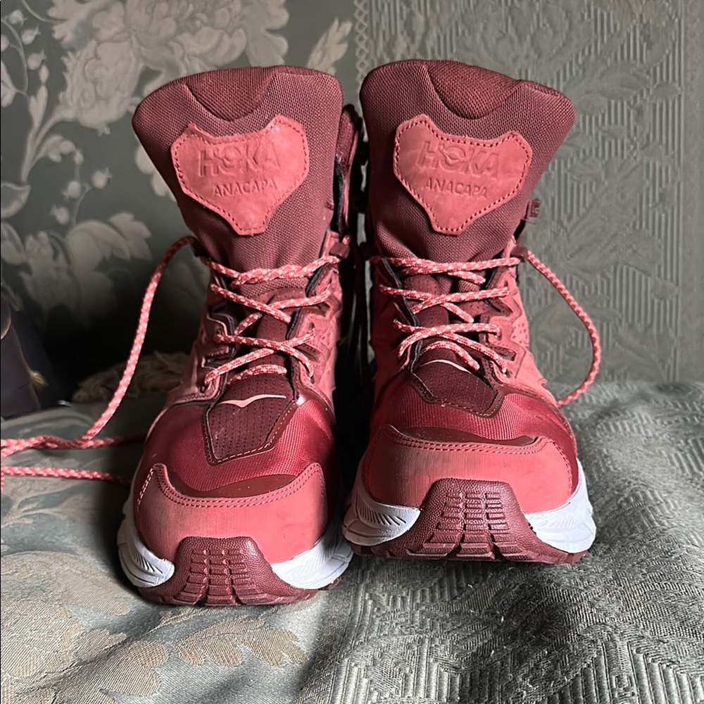 Hoka Pink and Red Sneakers with White Sole and Lace-Up Design